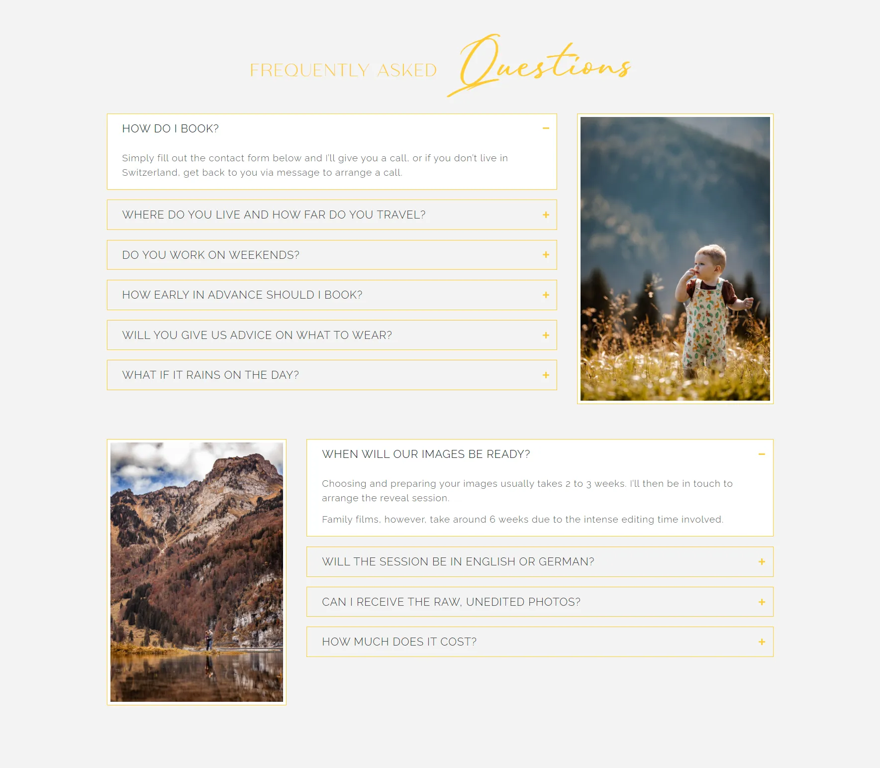 FAQ section example on a photography website